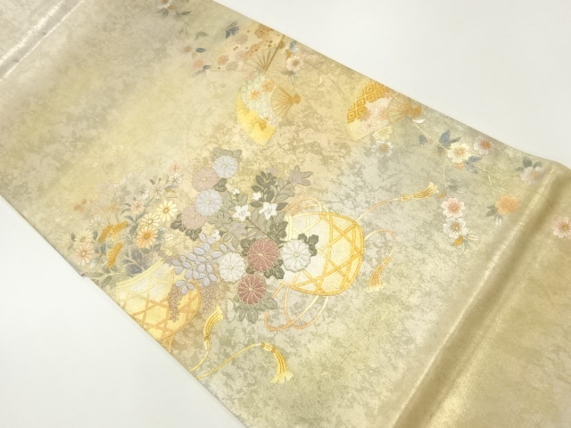 引箔　花籠に扇模様織出し袋帯